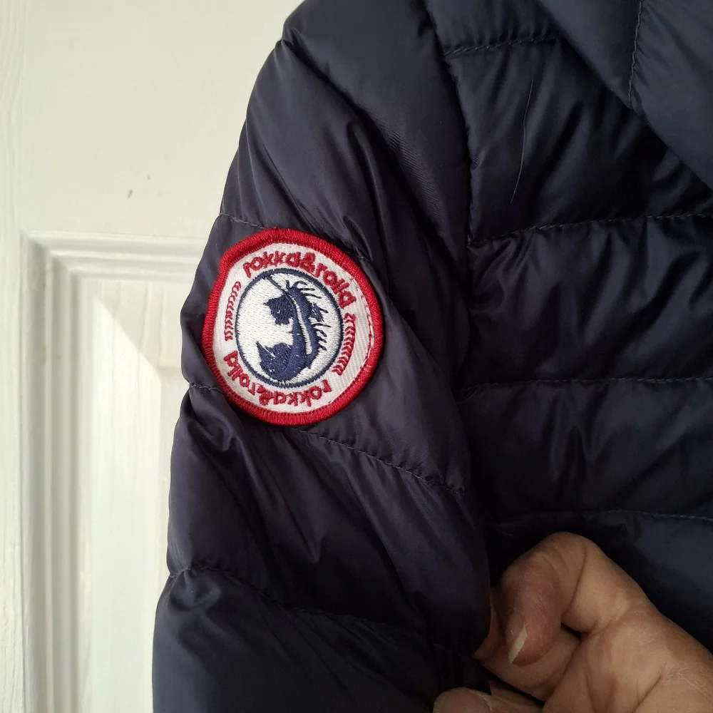 Rokka & Rolla 90% Down Puffer Jacket Kids Childs L 10-12  Lightweight Hood Navy